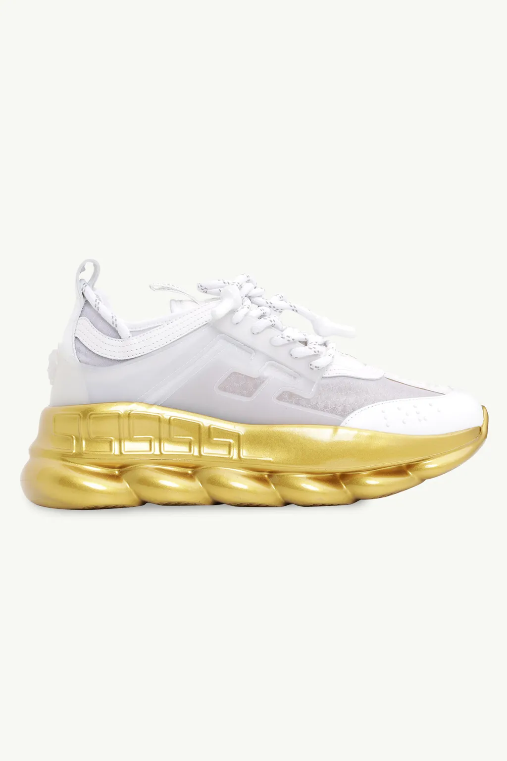 VERSACE Men Chain Reaction Sneakers in White/Gold with Greca Pattern 0