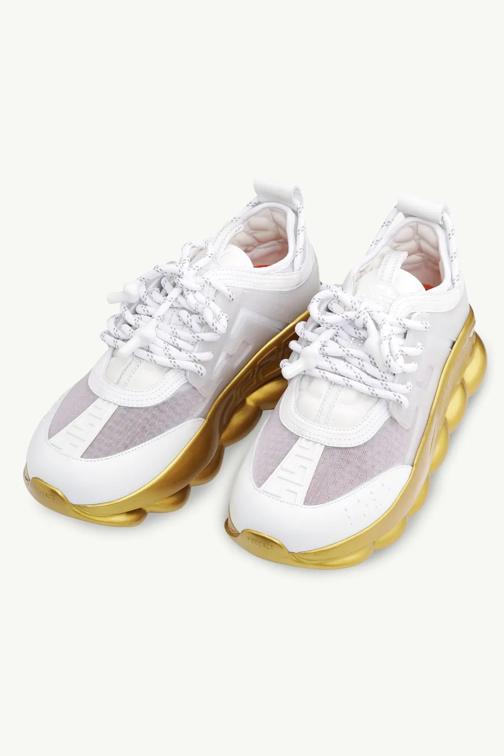 VERSACE Men Chain Reaction Sneakers in White/Gold with Greca Pattern 1