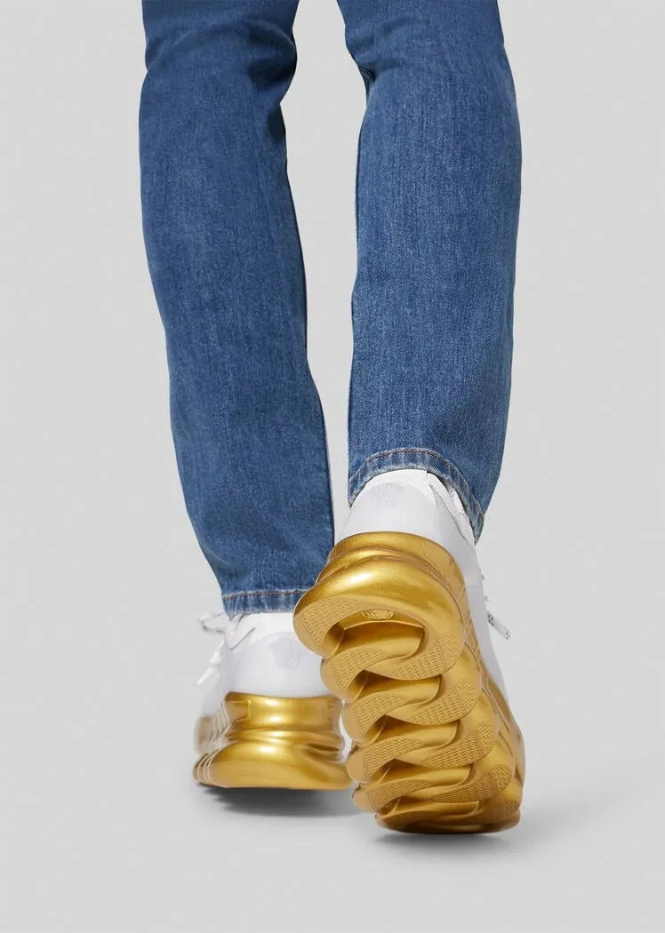 VERSACE Men Chain Reaction Sneakers in White/Gold with Greca Pattern 4