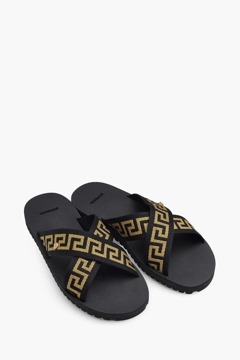VERSACE Men Nastro Greca Sandals in Black/Gold 1
