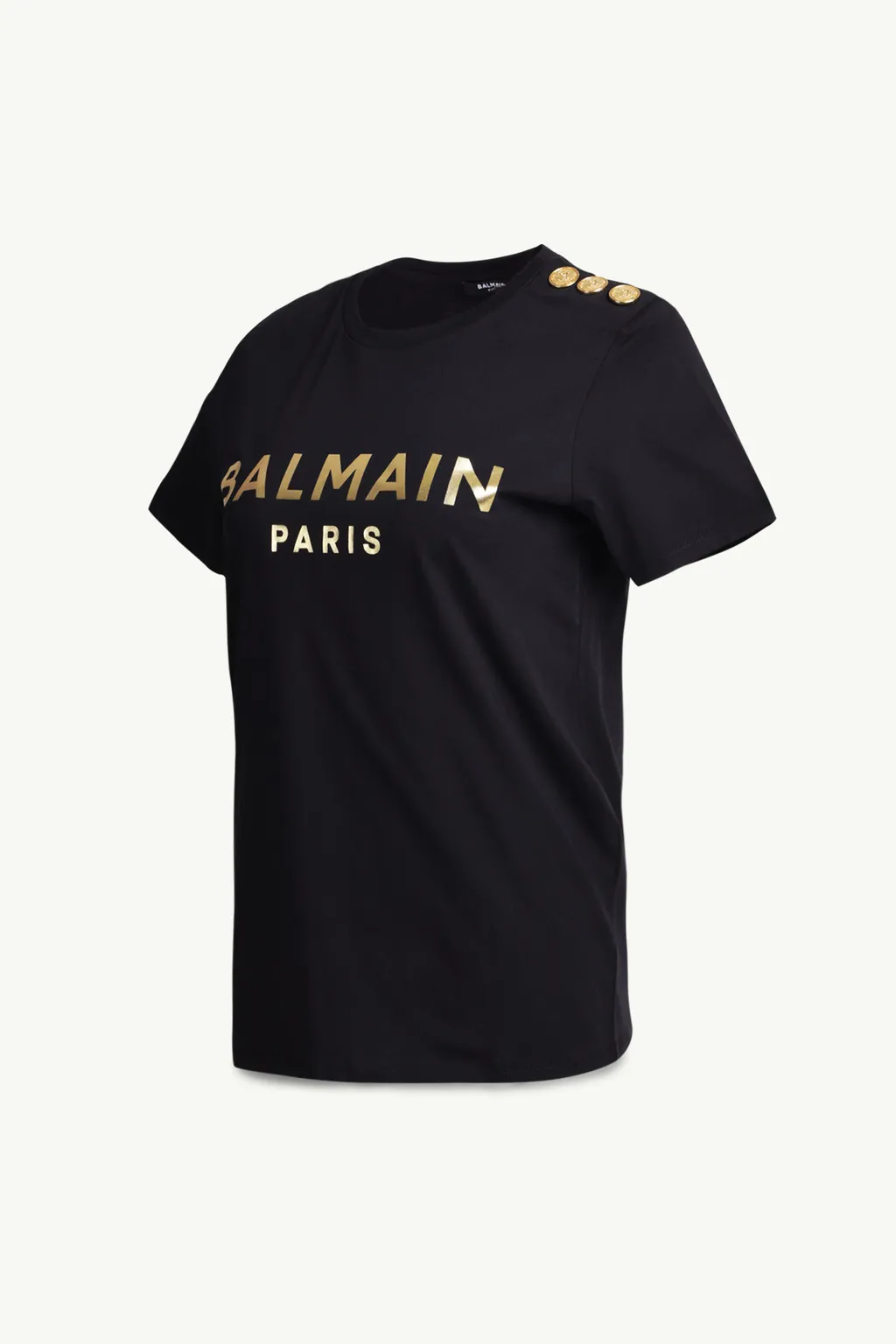 BALMAIN Women 3 Buttons Balmain Metallic Bold Logo T-Shirt in Black/Gold 2