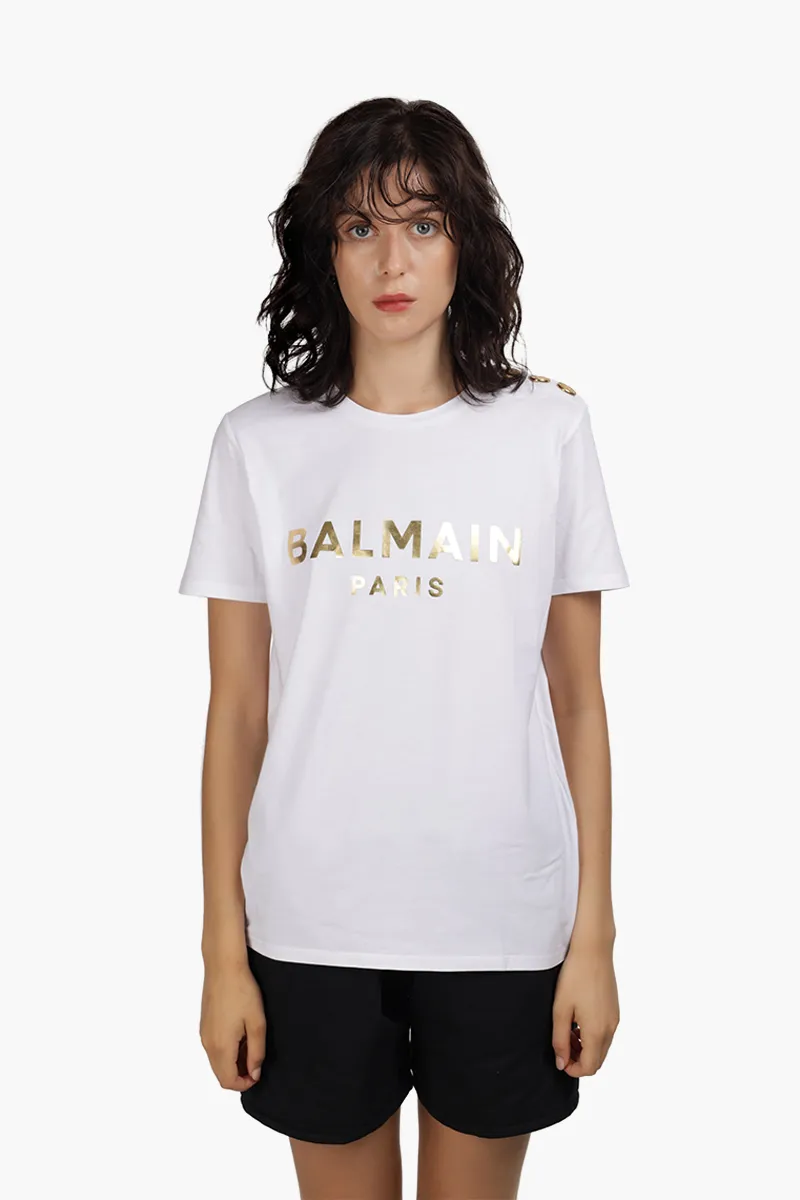 BALMAIN Women 3 Buttons Balmain Metallic Bold Logo T-Shirt in White/Gold 0