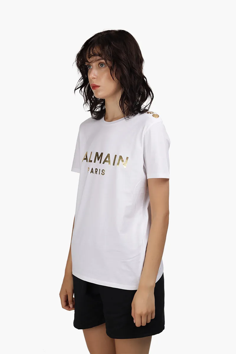 BALMAIN Women 3 Buttons Balmain Metallic Bold Logo T-Shirt in White/Gold 2