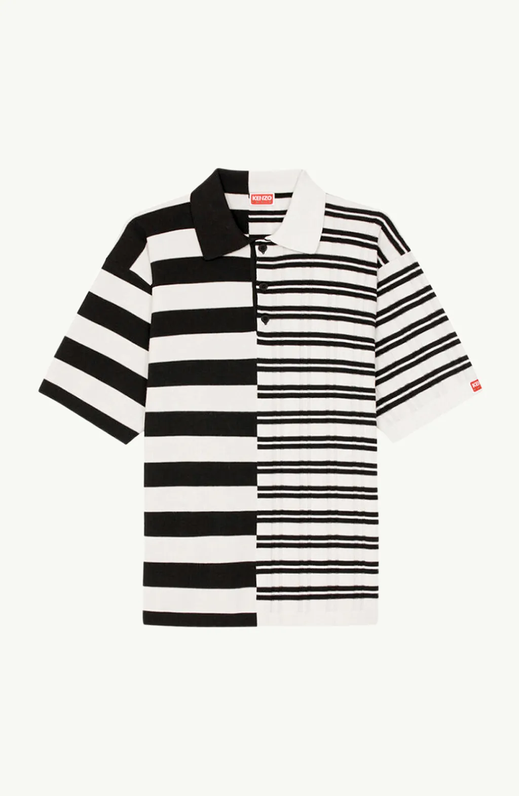 KENZO Men Striped Merino Wool Loose Fit Jumper in Off White/Black with Collar & Buttons 0