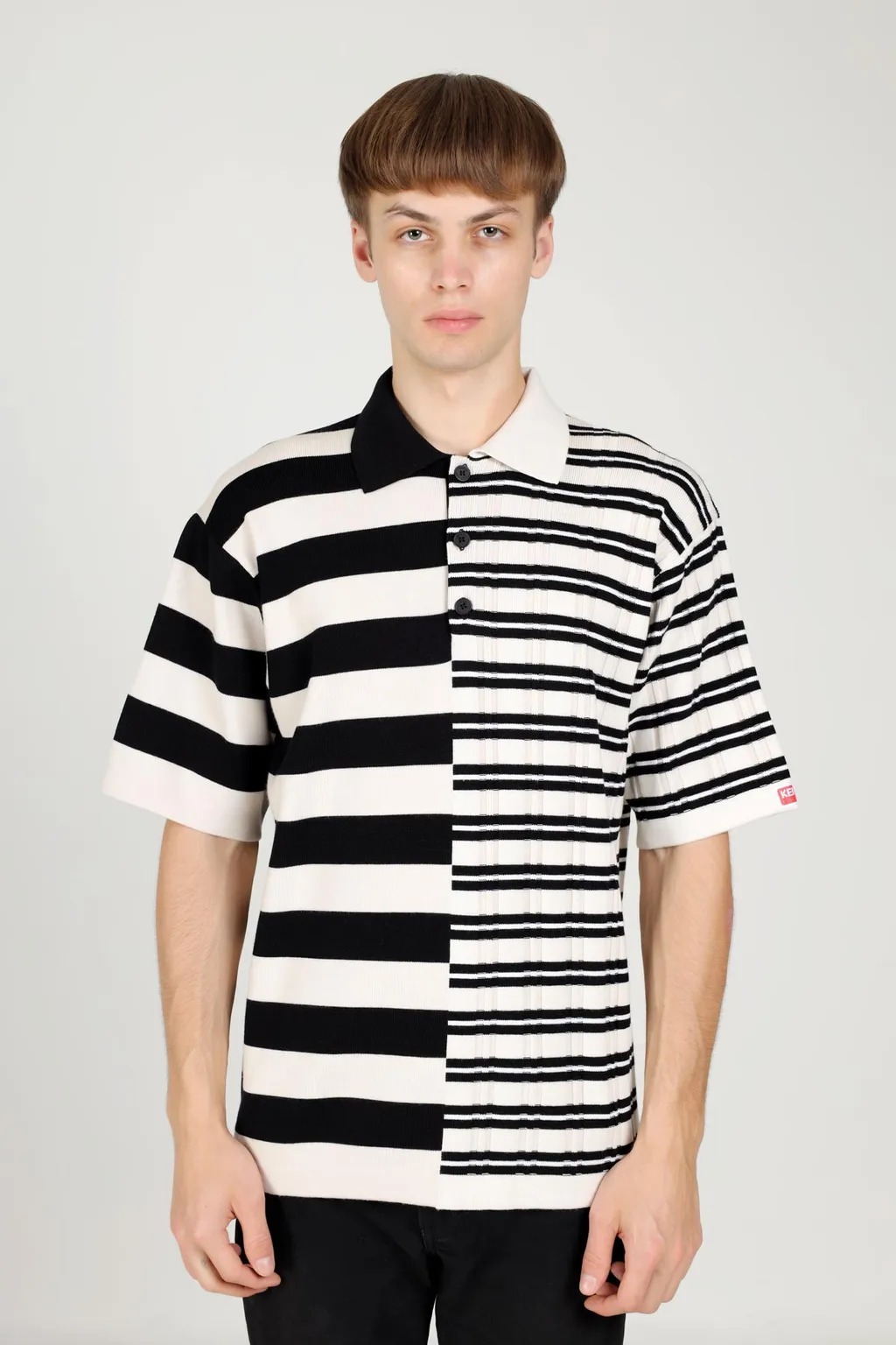 KENZO Men Striped Merino Wool Loose Fit Jumper in Off White/Black with Collar & Buttons 1