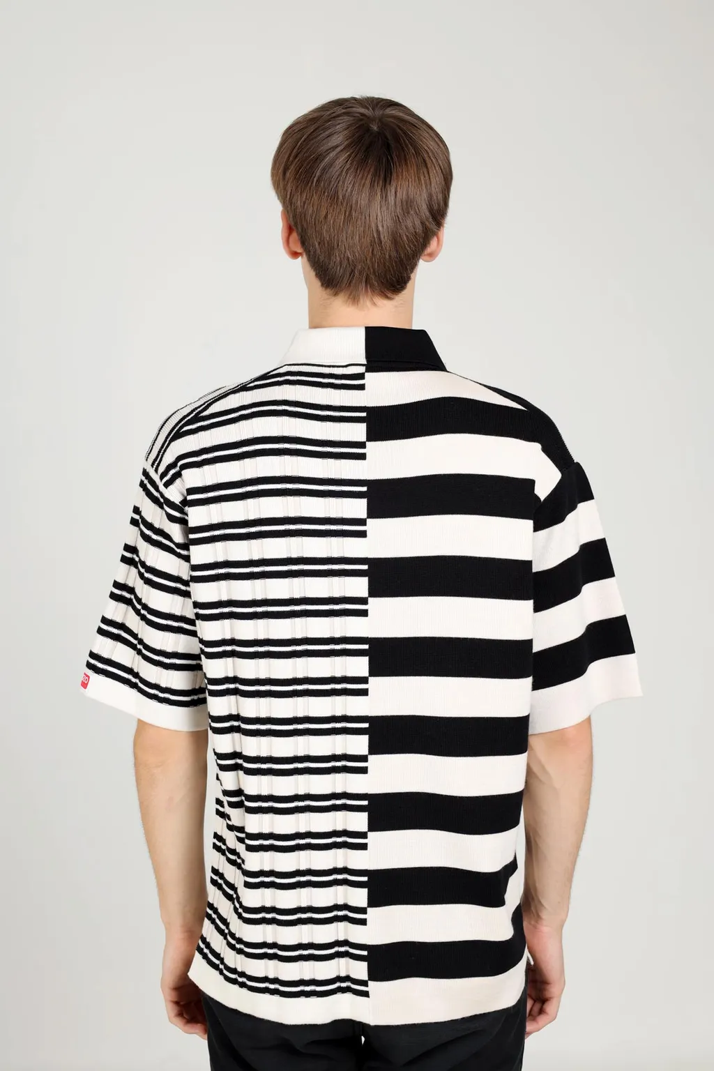 KENZO Men Striped Merino Wool Loose Fit Jumper in Off White/Black with Collar & Buttons 2
