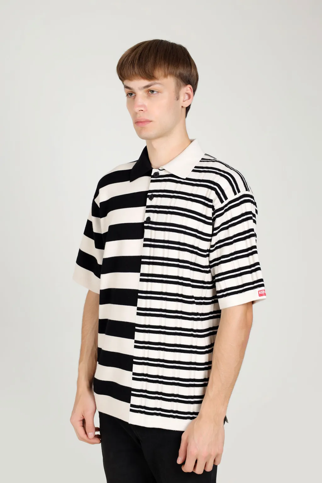 KENZO Men Striped Merino Wool Loose Fit Jumper in Off White/Black with Collar & Buttons 3
