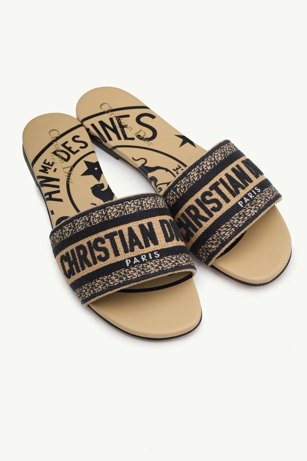 CHRISTIAN DIOR Dway Jute Canvas Embroidered Mules in Beige with Dior Union Motif 1