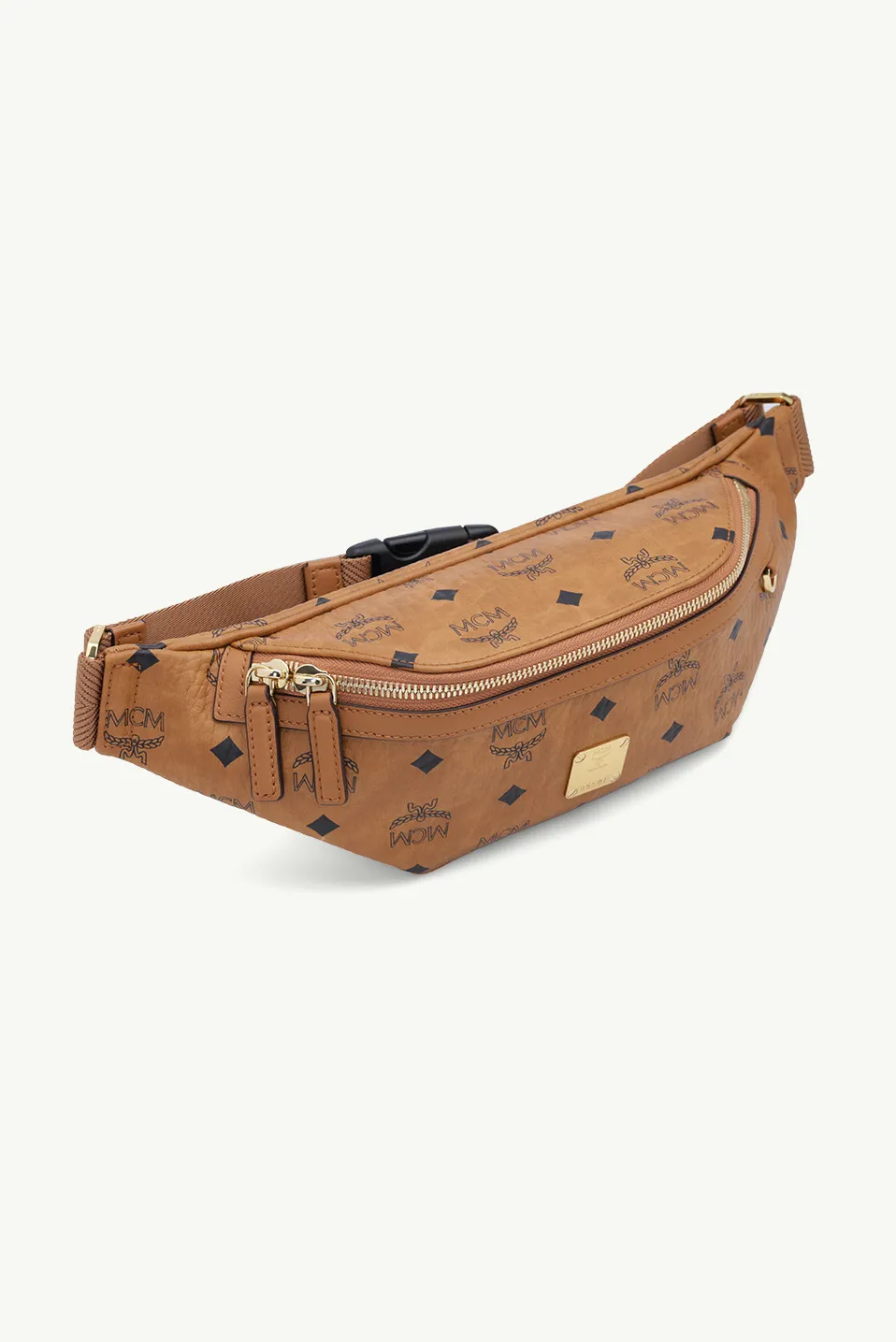 MCM Small Fursten Belt Bag in Cognac with D ring Detail at Side 2