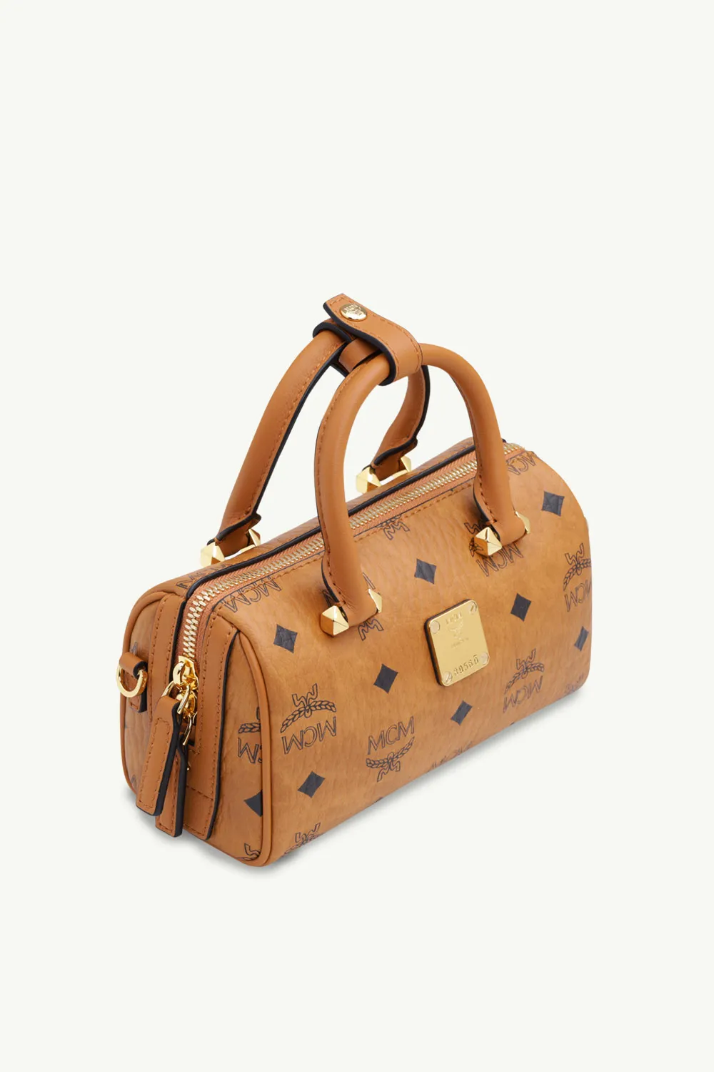 MCM Mini Essential Boston Top Handle Bag in Cognac with Crossbody Strap 2