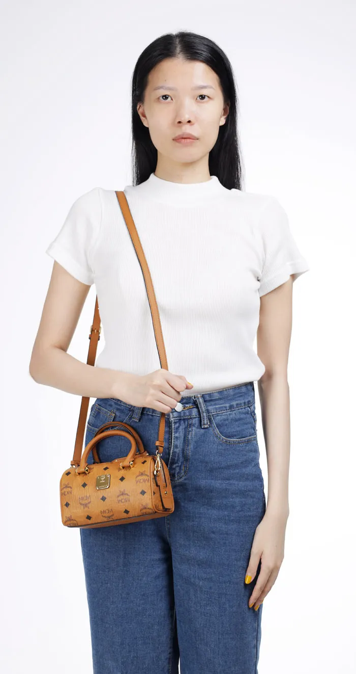 MCM Mini Essential Boston Top Handle Bag in Cognac with Crossbody Strap 4