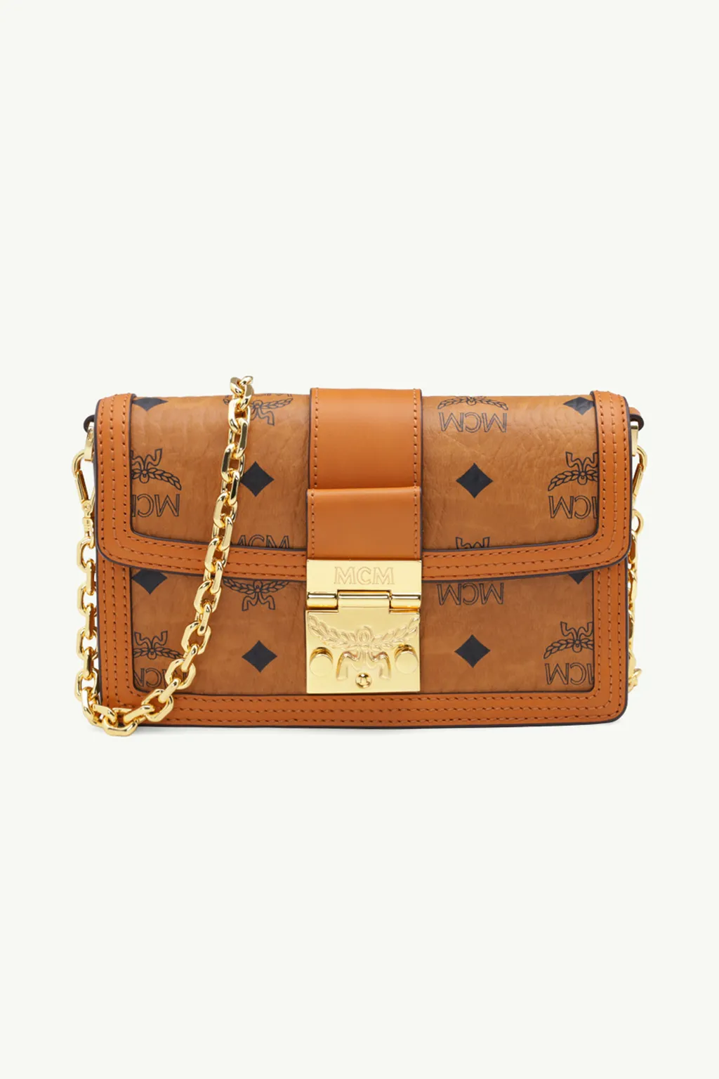 MCM Mini Tracy Chain Crossbody Bag in Cognac Visetos x Vachetta Leather 0