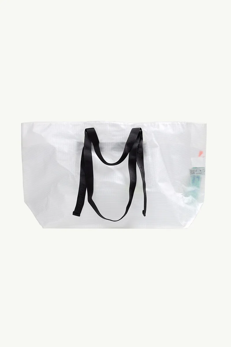 OFF WHITE Large Diagonal Hands Logo PVC Tote Bag in White/Black with Industrial Belt Handle 1