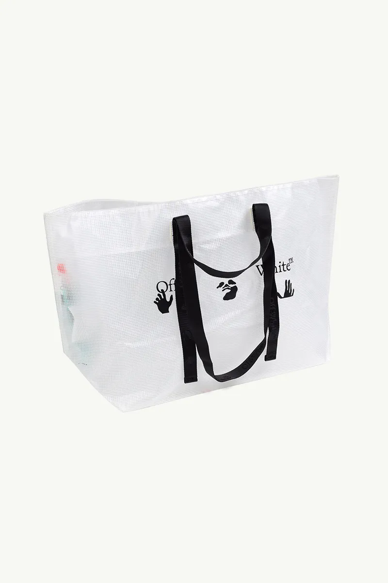 OFF WHITE Large Diagonal Hands Logo PVC Tote Bag in White/Black with Industrial Belt Handle 2