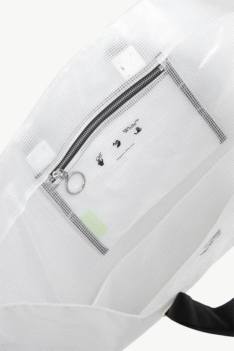 OFF WHITE Large Diagonal Hands Logo PVC Tote Bag in White/Black with Industrial Belt Handle 3