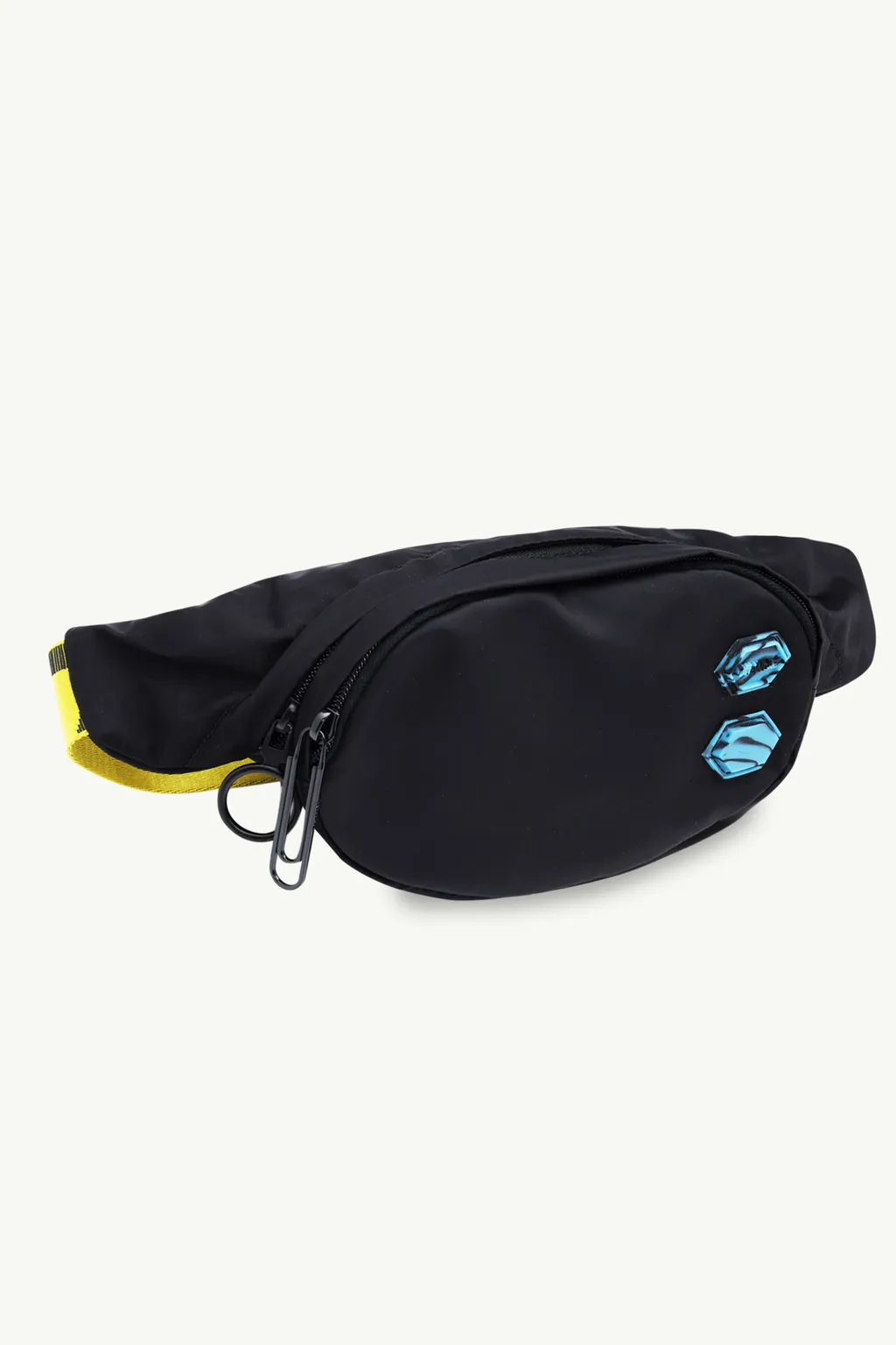 OFF WHITE Men Nylon Logo Patch Bum Bag in Black with Yellow Industrial Strap 2