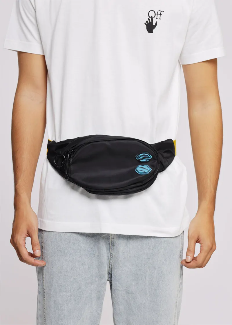 OFF WHITE Men Nylon Logo Patch Bum Bag in Black with Yellow Industrial Strap 4