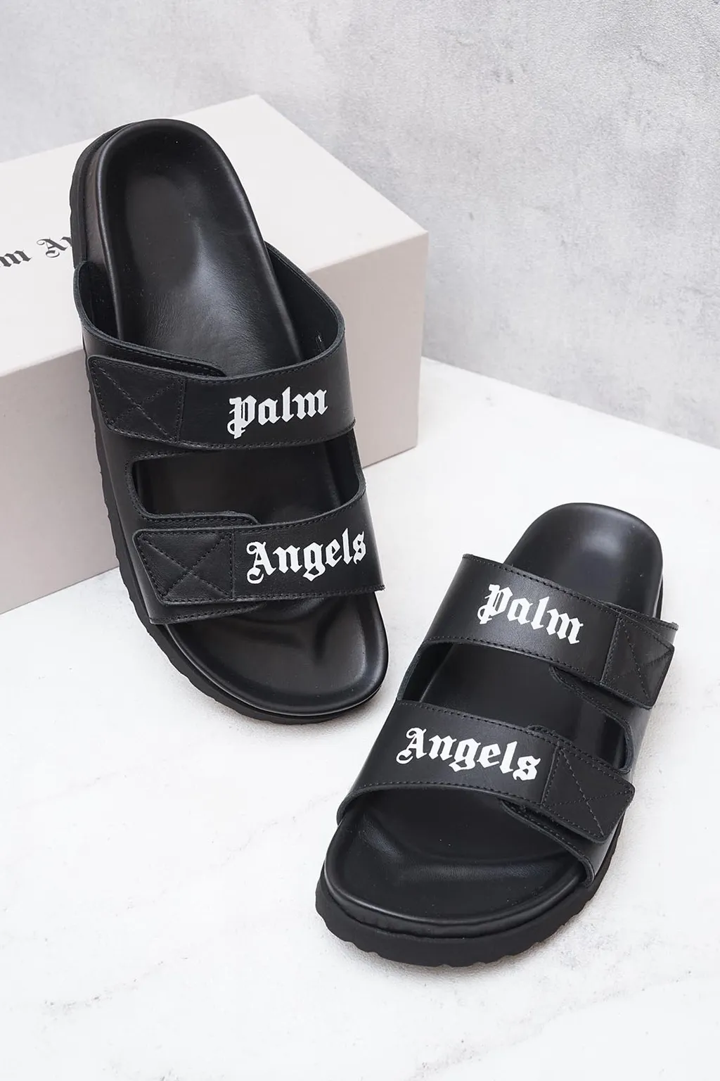 PALM ANGELS Men Logo Double Strap Sandals in Black/White 2