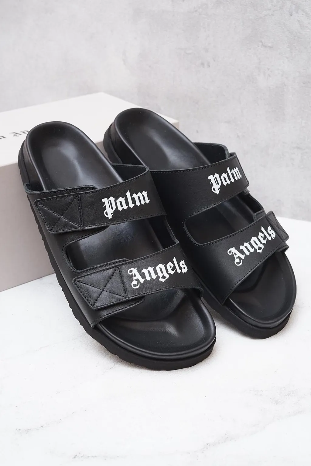 PALM ANGELS Men Logo Double Strap Sandals in Black/White 3