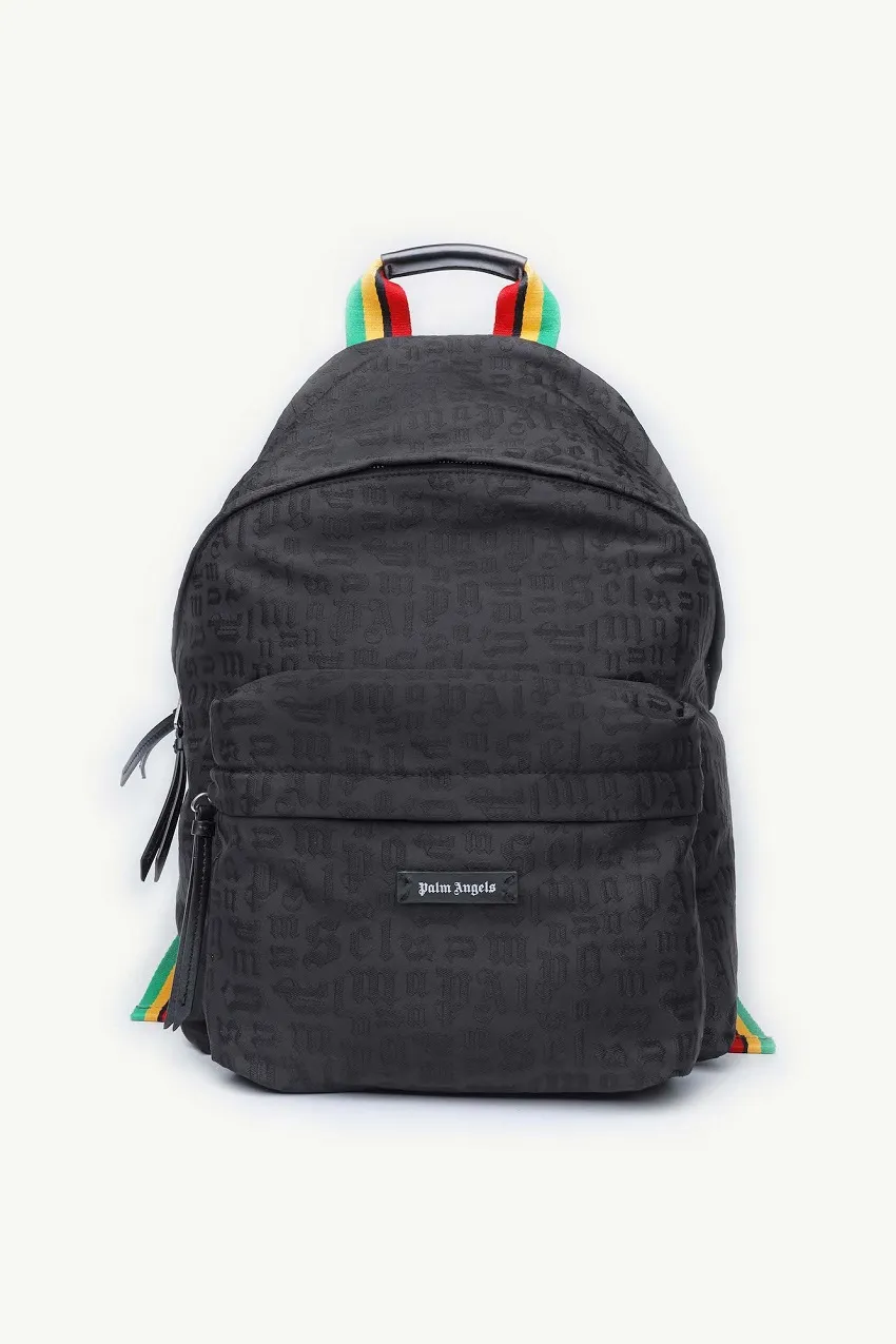 PALM ANGELS Monogram Pattern Backpack in Black with Multicolor Strap 0