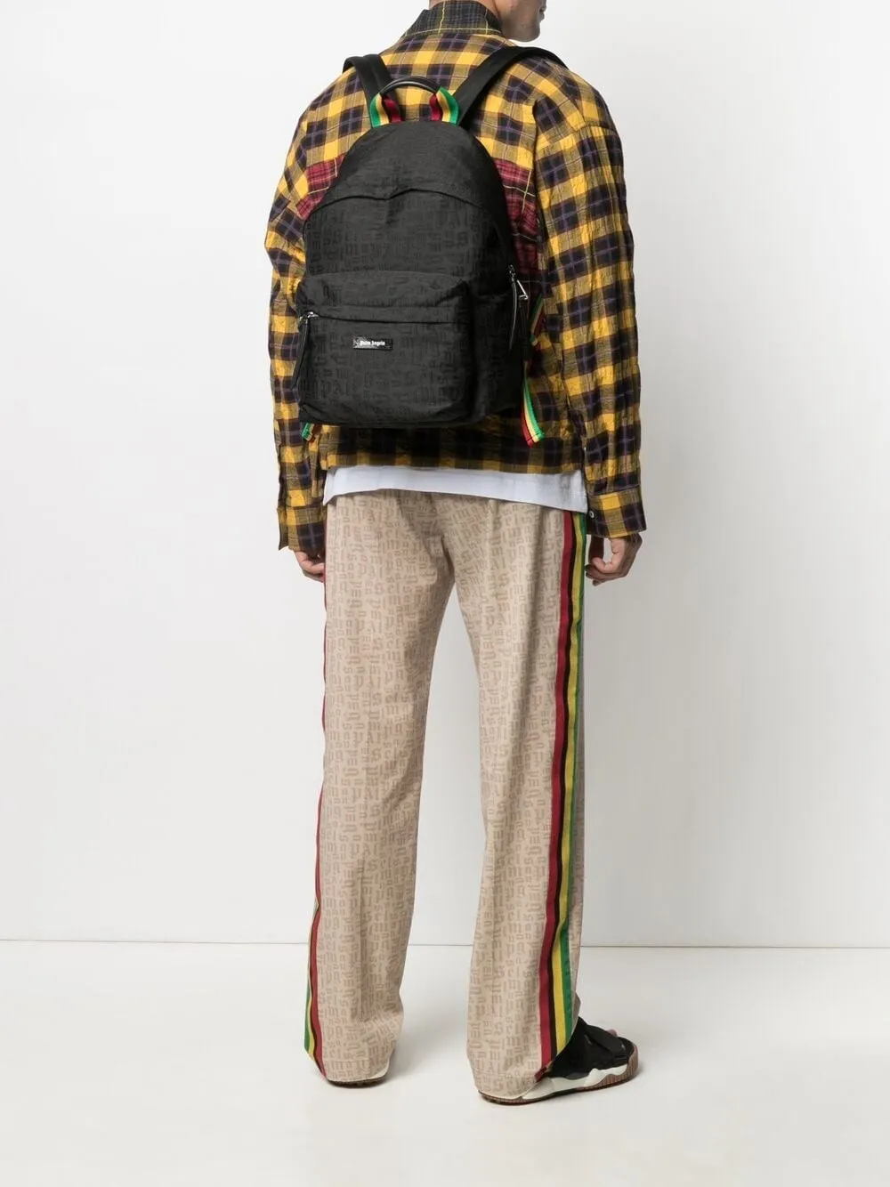 PALM ANGELS Monogram Pattern Backpack in Black with Multicolor Strap 4