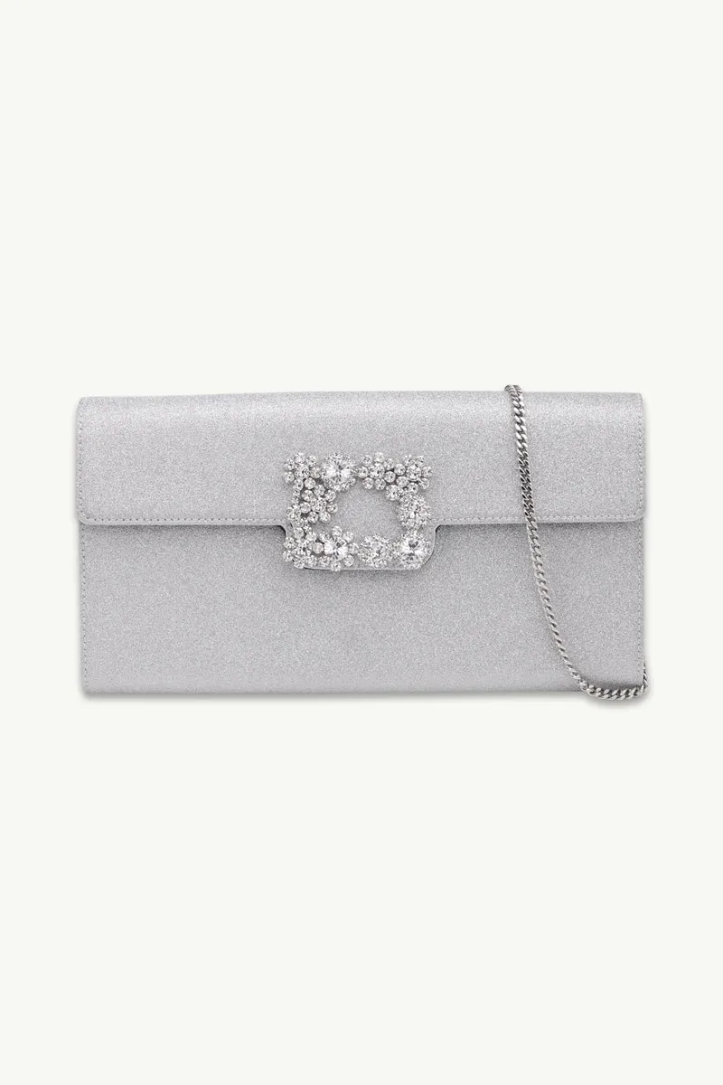 ROGER VIVIER Flower Strass Buckle Clutch in Silver Glitter Fabrics 0