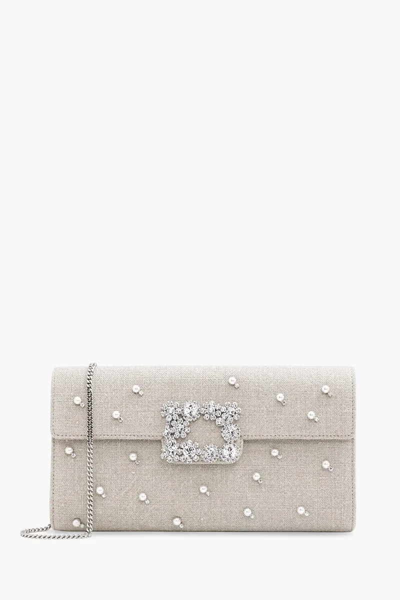 ROGER VIVIER Flower Strass Buckle Pearls Clutch in Beige Fabric 0