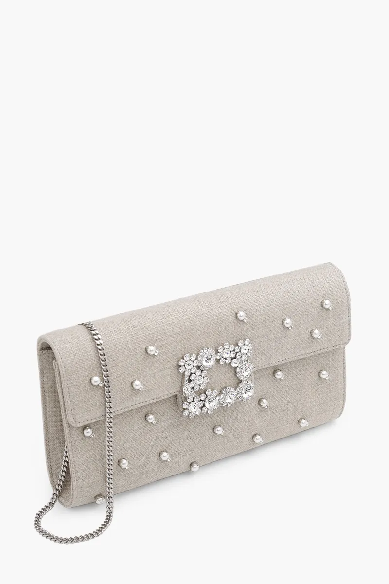 ROGER VIVIER Flower Strass Buckle Pearls Clutch in Beige Fabric 2