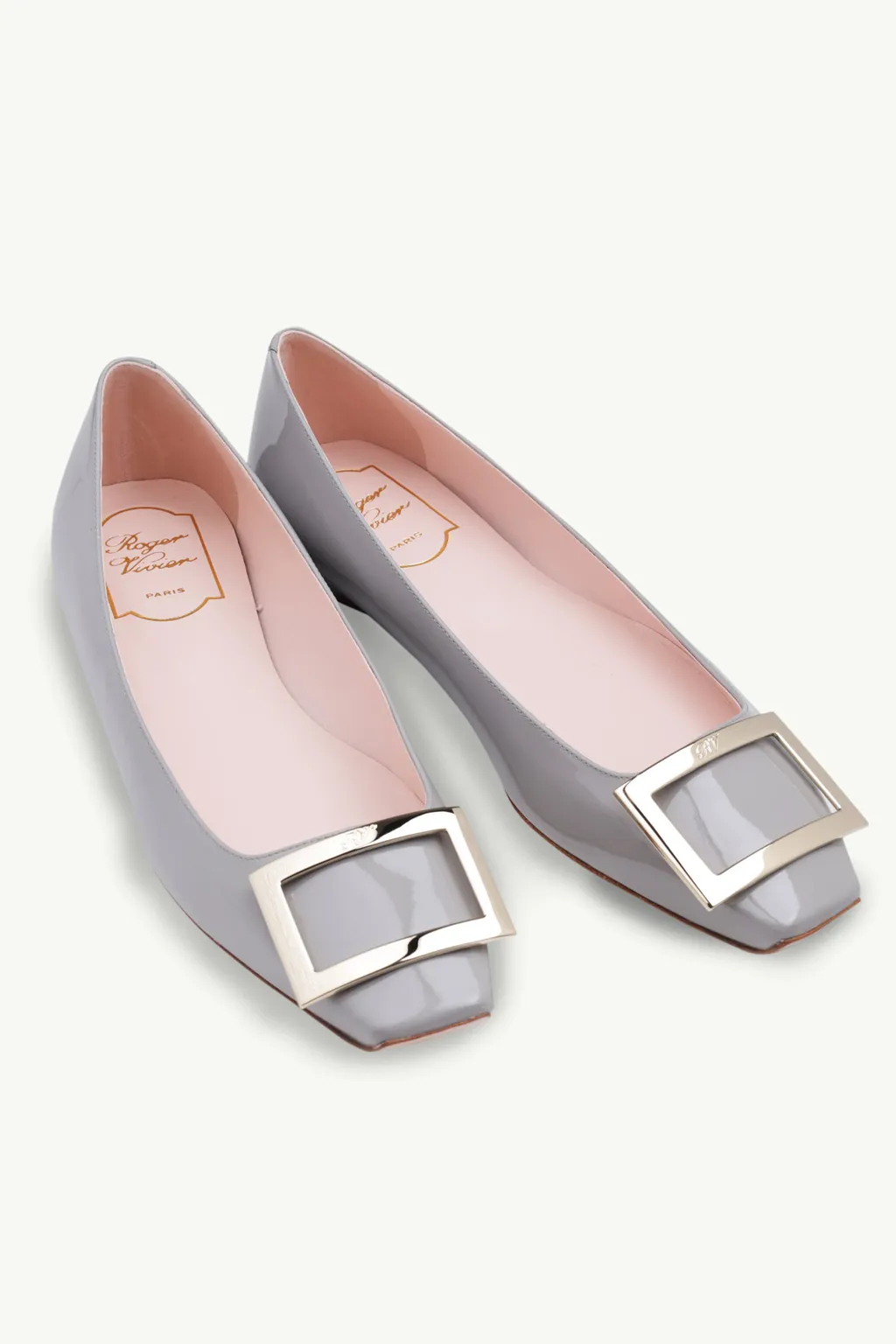 ROGER VIVIER Trompette Metal Buckle Ballerina in Grey Patent Leather 1