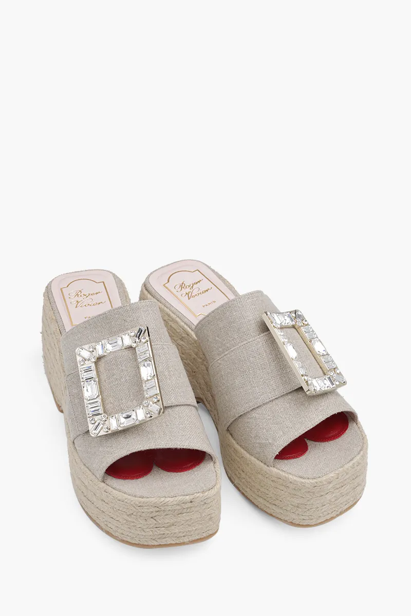 ROGER VIVIER Strass Buckle Espadrille Platform Mules 80mm in Beige Fabric 1