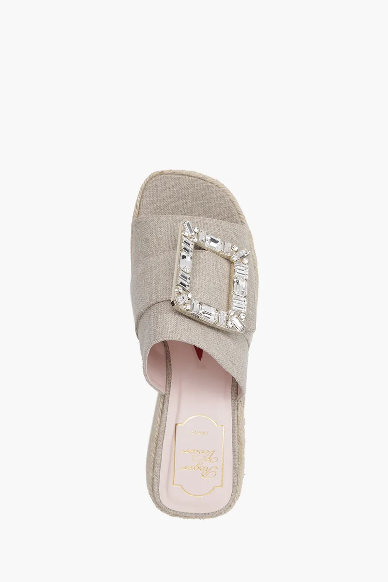 ROGER VIVIER Strass Buckle Espadrille Platform Mules 80mm in Beige Fabric 3