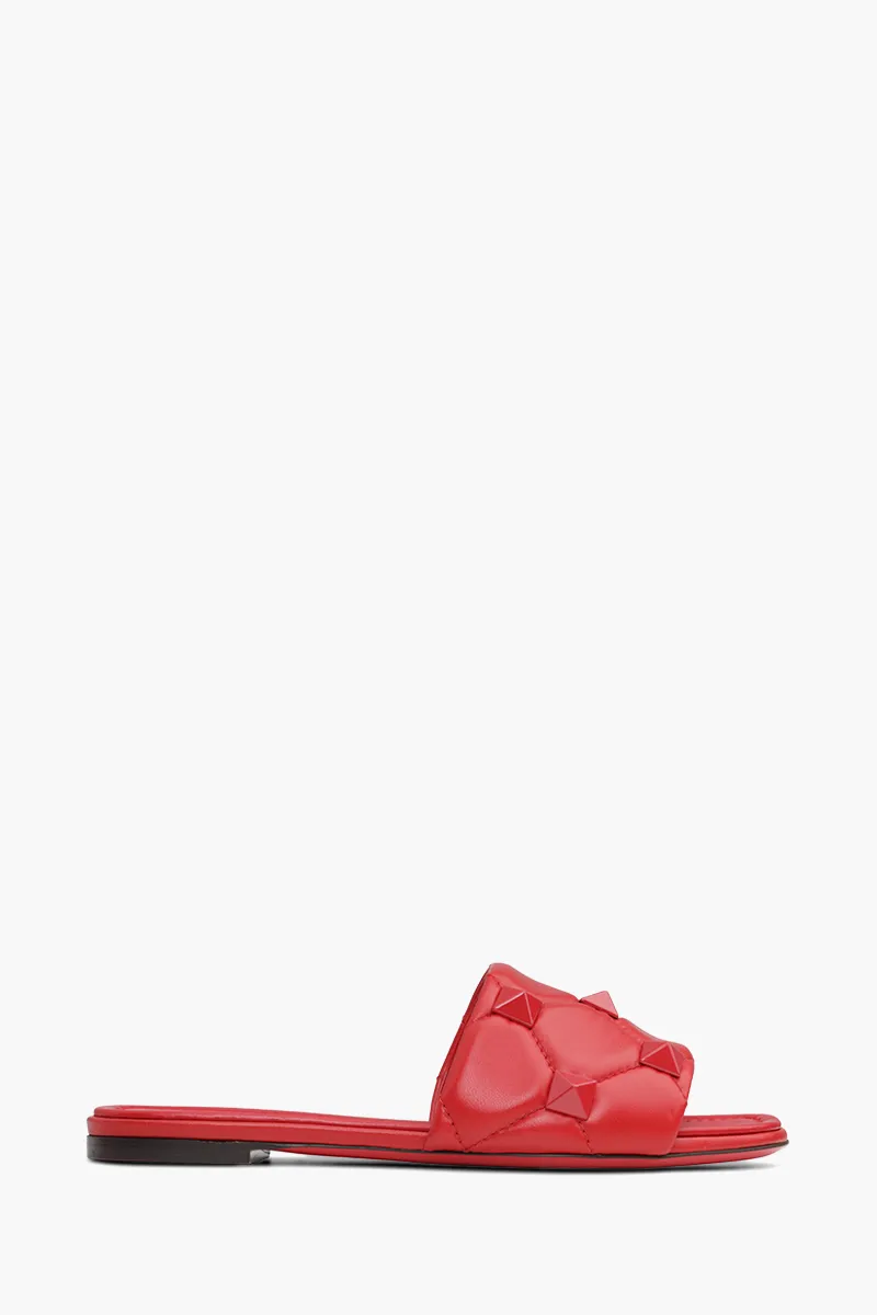 VALENTINO Roman Stud Slide Sandals in All Red Quilted Leather 0