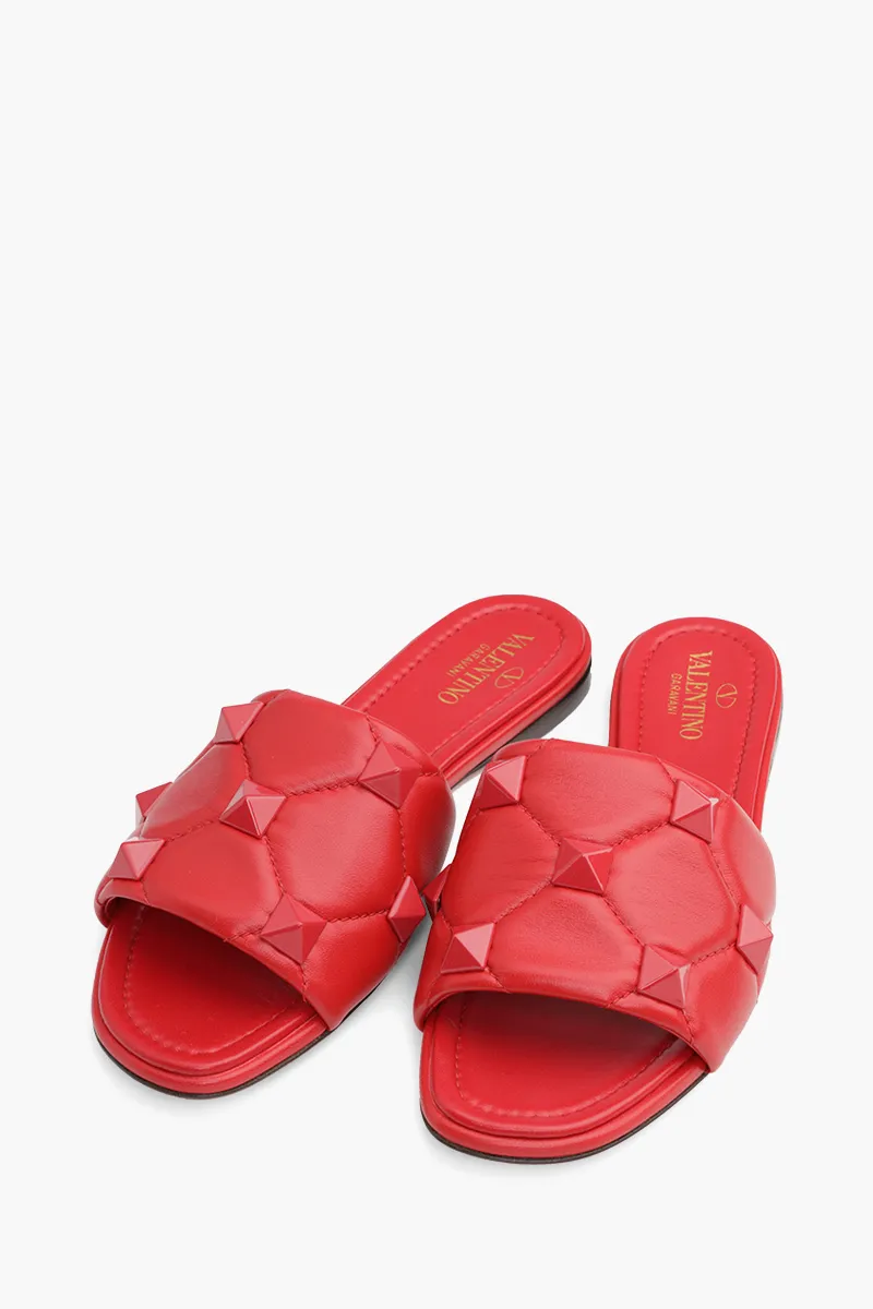 VALENTINO Roman Stud Slide Sandals in All Red Quilted Leather 1