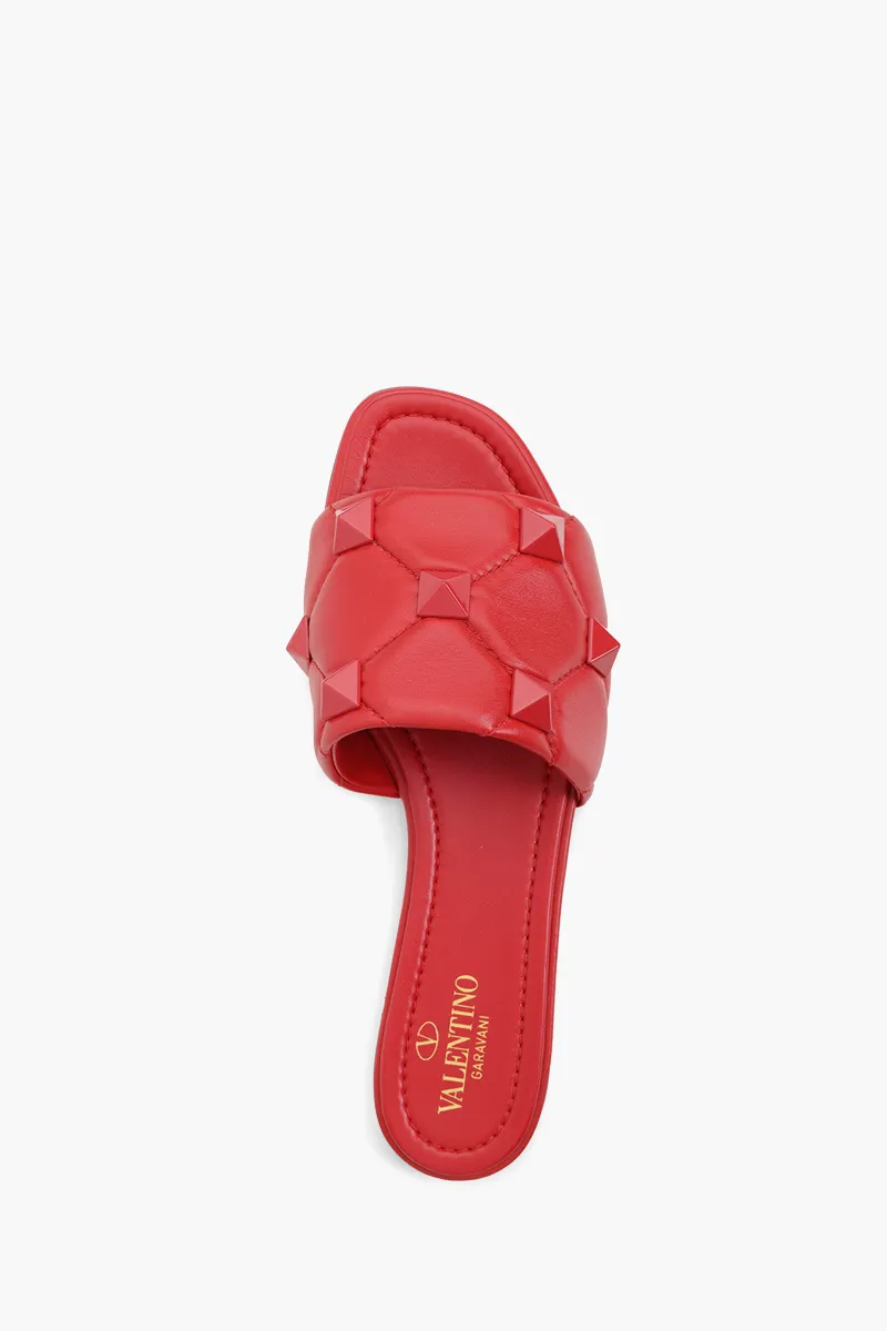 VALENTINO Roman Stud Slide Sandals in All Red Quilted Leather 3