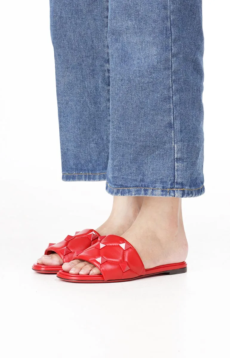VALENTINO Roman Stud Slide Sandals in All Red Quilted Leather 4