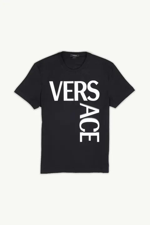 VERSACE Men Logo Across Slim Fit T-Shirt in Black/White
