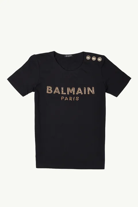 BALMAIN Women 3 Buttons Balmain Paris Rhinestone Logo T-Shirt Black/Gold