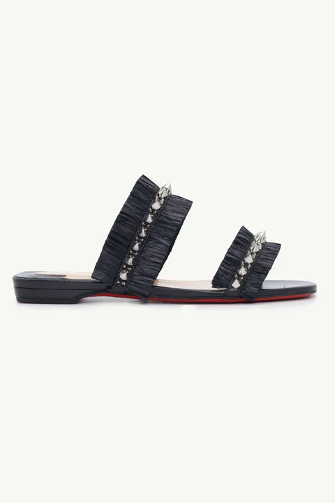 CHRISTIAN LOUBOUTIN Marivodou Raffia Flat Sandals in Black with Silver Spikes