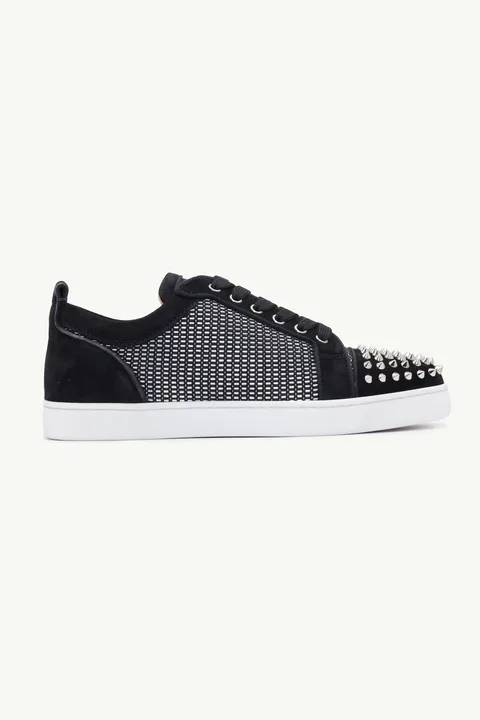CHRISTIAN LOUBOUTIN Men Louis Junior Spikes Orlato Sneakers in Black/Silver with Metal Beads