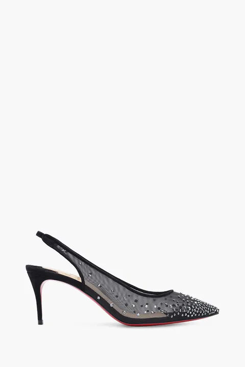 CHRISTIAN LOUBOUTIN Follies Strass Studded Slingback Pumps 70mm in Black Suede