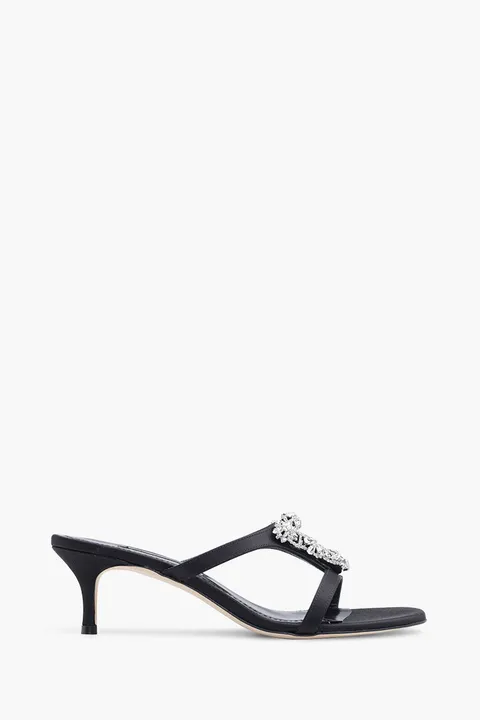 MANOLO BLAHNIK Trinamu Triangular Embellished Mules 5cm in Black Satin with White Crystal