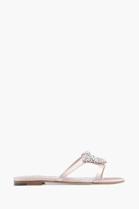 MANOLO BLAHNIK Trinamu Triangular Embellished Flat Mules in Dark Nude Satin with White Crystal