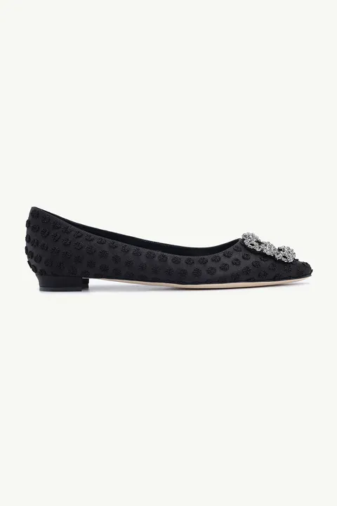 MANOLO BLAHNIK Hangisi Embroidered Ballerina in Black Satin with Dark Crystal