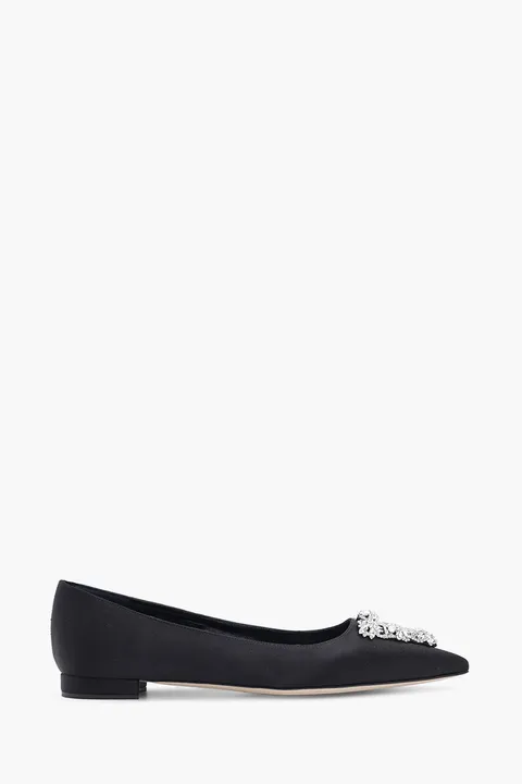 MANOLO BLAHNIK Trina Triangular Embellished Ballerina in Black Satin with White Crystal