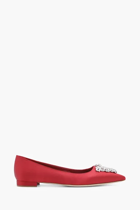 MANOLO BLAHNIK Trina Triangular Embellished Ballerina in Dark Red Satin with White Crystal