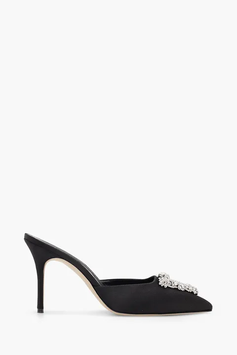 MANOLO BLAHNIK Namutri Triangular Embellished Mules 9cm in Black Satin with White Crystal