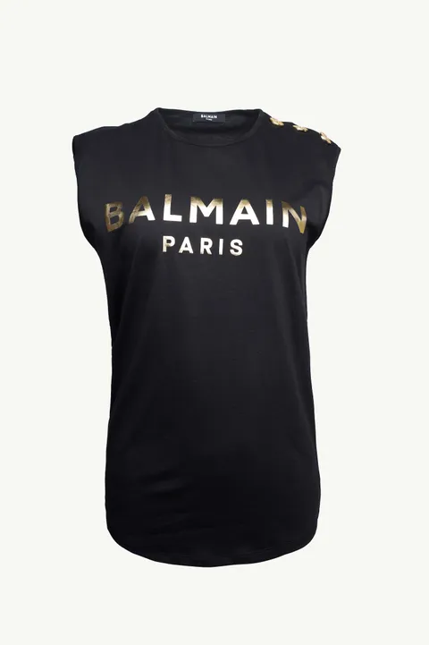 BALMAIN Women 3 Buttons Balmain Paris Metallic Logo Sleeveless T-Shirt in Black/Gold