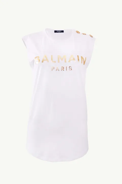 BALMAIN Women 3 Buttons Balmain Paris Metallic Logo Sleeveless T-Shirt in White/Gold