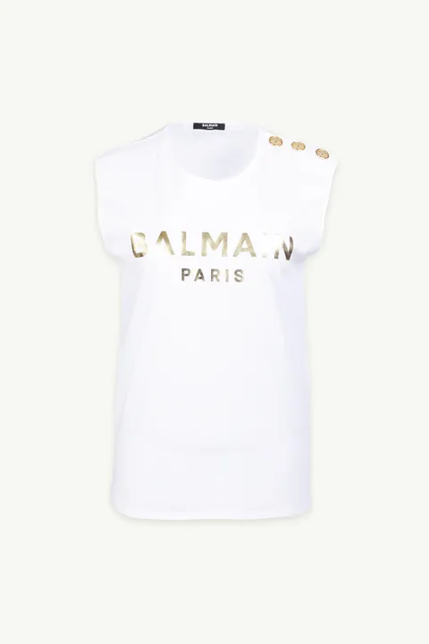 BALMAIN Women 3 Buttons Balmain Metallic Bold Logo Sleeveless T-Shirt in White/Gold