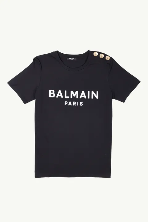 BALMAIN Women 3 Buttons Balmain Paris Logo Sleeveless T-Shirt in Black/White Eco-Designed Cotton
